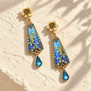 Fish Crystal Flower Earrings Museum Gold Deco VTG Antique Deco Art Floral Marine